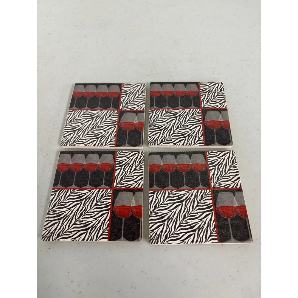 Set of 4 Zebra Print and Red‎ Wine Glass Ceramic Coasters with Cork Backing